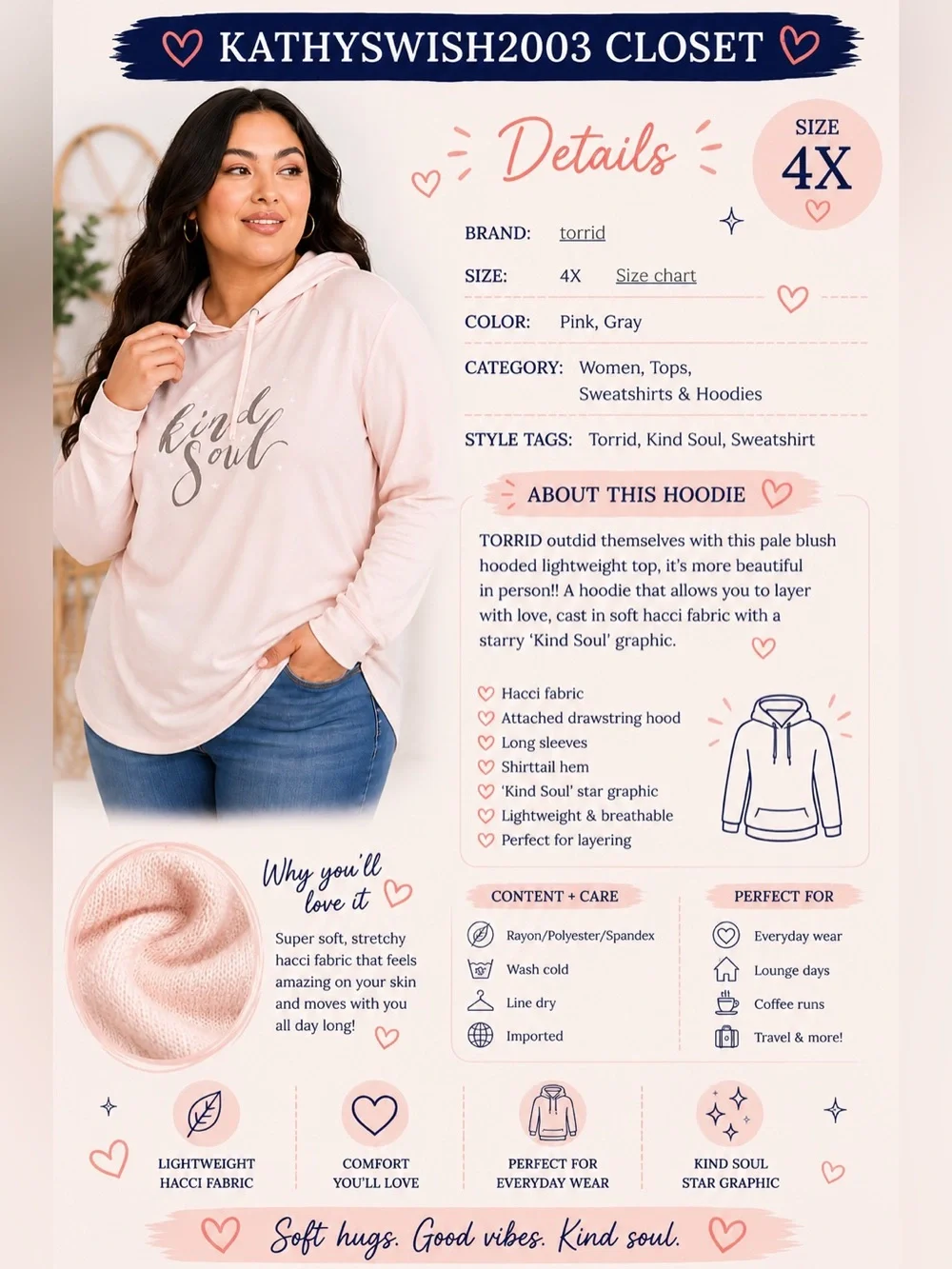 TORRID KIND SOUL LIGHT PINK HACCI HOODIE